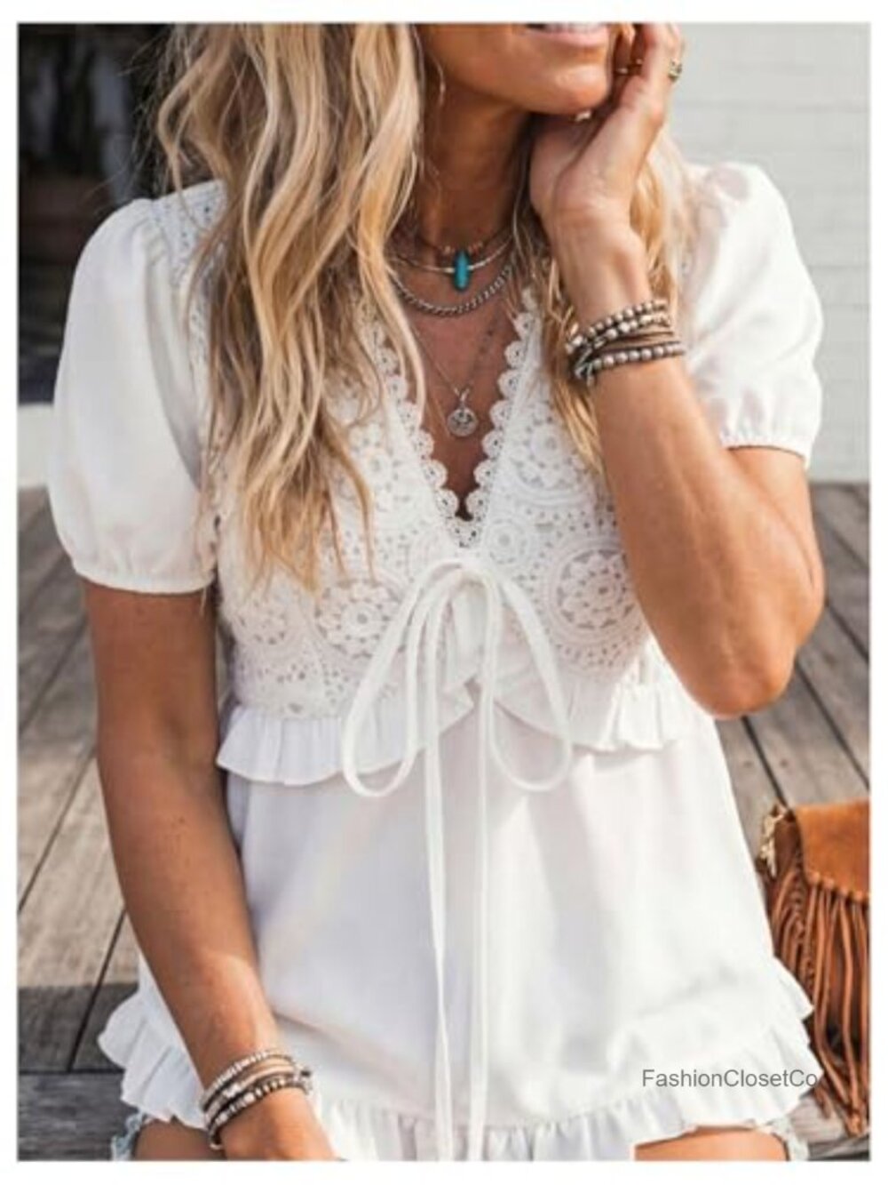 Embroidered Tie Front V Neck Puff Sleeve Babydoll Blouse Boho Peplum Top - Picture 2 of 4